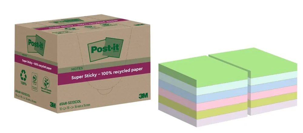 Ab Werk Post-it Super Sticky Recycelte Haftnotizen 76 x 76 mm Farbig sortiert 70 Blatt 12 Blöcke